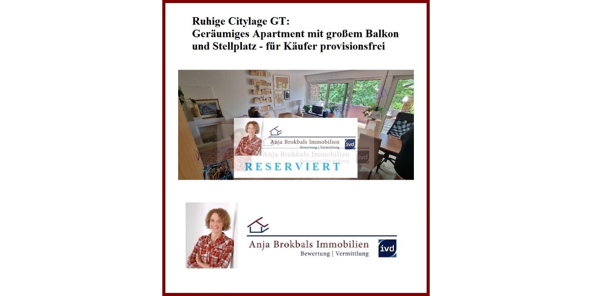 Ruhige Citylage GT: Geräumiges Apartment mit großem Balkon und Stellplatz - für Käufer provisionsfrei - 1- Gütersloh | Angebot:20189855